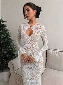 Aloruh 女士秋冬新款纯色酒红色连衣裙，船领金属纽扣装饰长袖连衣裙，喇叭袖蕾丝连衣裙，派对礼服，圣诞礼服 - 白色 - 查看 3