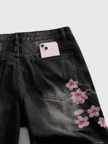 Street Life Men's Floral Embroidery Pocket Distressed Casual Denim Shorts - Black - View 9