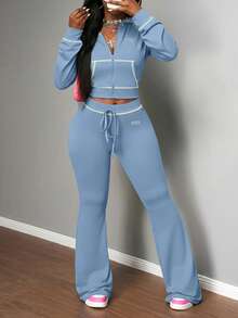 Slaydiva 2025秋冬新款休闲街头修身黑色开领连帽短款长袖拼接T恤+高腰喇叭裤女两件套，适合返校、万圣节、锐舞派对、节日、外出、早午餐、派对、圣诞节、日常出行等场合。 - 藍色 - 查看 11