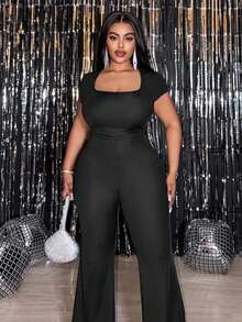 Slaydiva 2026春夏新款，黑色性感修身U领短袖喇叭连体裤 - 黑色 - 查看 5