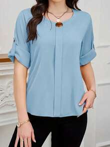 SHEIN Clasi 女士纯色金属装饰袖口短袖休闲衬衫 - 藍色 - 查看 4