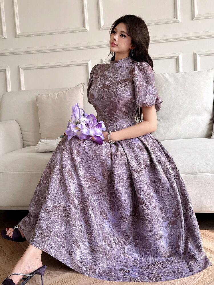 Dazy-Less Spring & Summer Floral Print Dress, Elegant Fitted Midi Dress For Valentine's Day, Wedding, Party, Formal Occasion, Commute, Dark Floral Pattern Long Sleeve Sundress - Purple - View 9