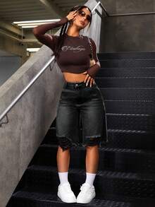 SHEIN PETITE Women's High Waist Pocketed Distressed Loose Casual Denim Shorts - Black - View 12