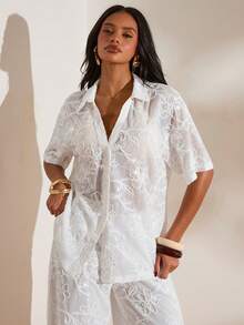 Opulessa 春夏情人节生日海滩度假女士纯色针织宽松短袖衬衫，春夏款，春夏过渡季，情人节，嘉年华服装，海滩，夏季度假，休闲衬衫 - 白色 - 查看 2