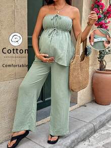 SHEIN 两件套孕妇纯色打结抹胸上衣和裤子休闲套装 - 薄荷綠 - 查看 2