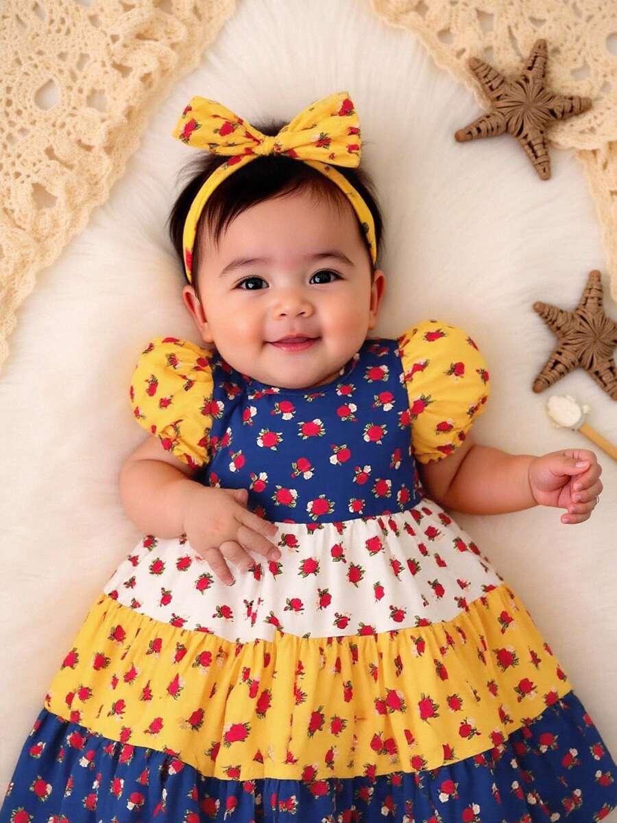 女婴/女宝宝甜美碎花短袖连衣裙，舒适的中东传统风格夏季服装 - 彩色 - 查看 1