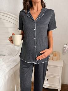 2pcs Solid Color Comfortable Knit Collared Short Sleeve Cardigan And Pants Maternity Loungewear Set - Dark Grey - View 4