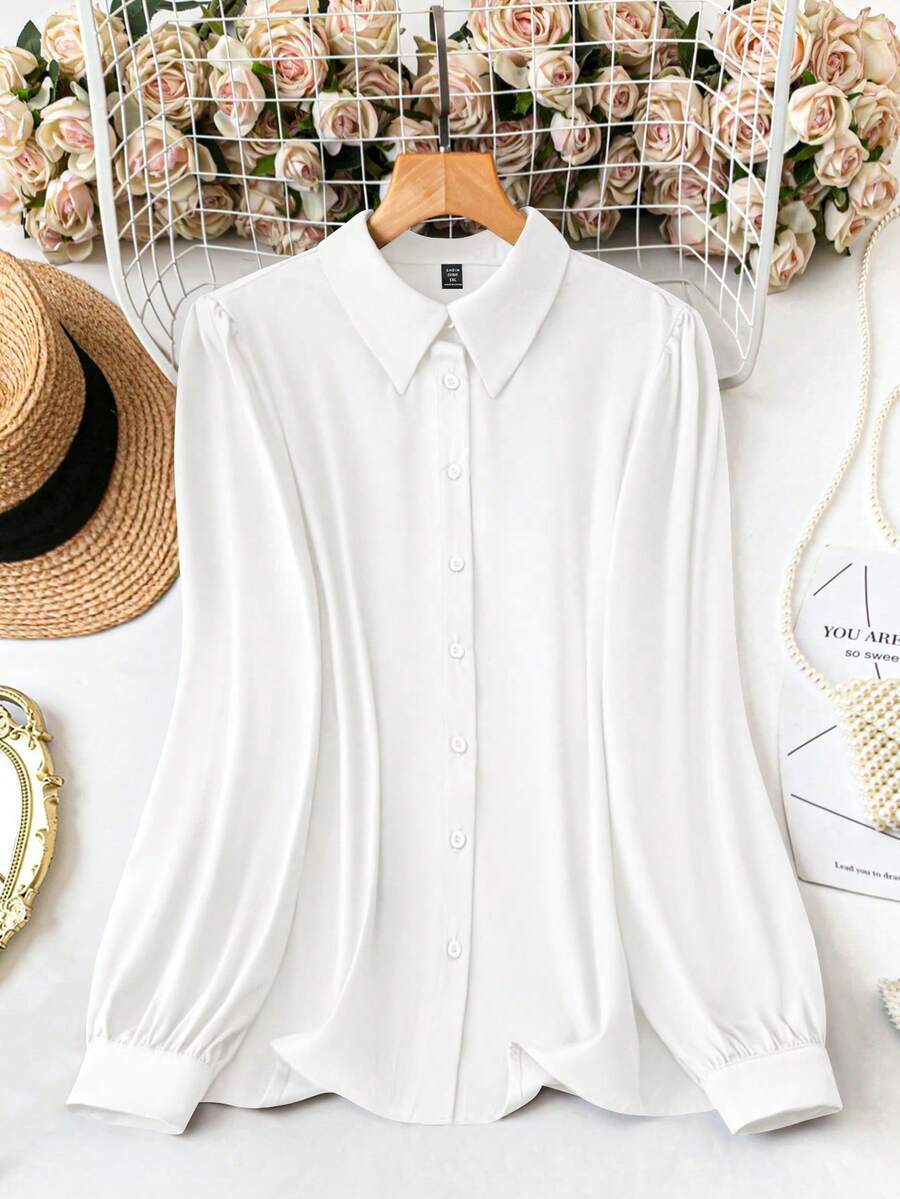 SHEIN Clasi 女士时尚纯色 Polo 领开衫，单排扣，优雅紫色，通勤百搭，长袖衬衫 - 白色 - 查看 1