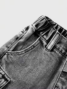 2-25岁男童休闲基础款街头时尚新款多口袋水洗直筒宽松工装牛仔短裤，适合日常穿着，春夏款 - 淺灰色 - 查看 3