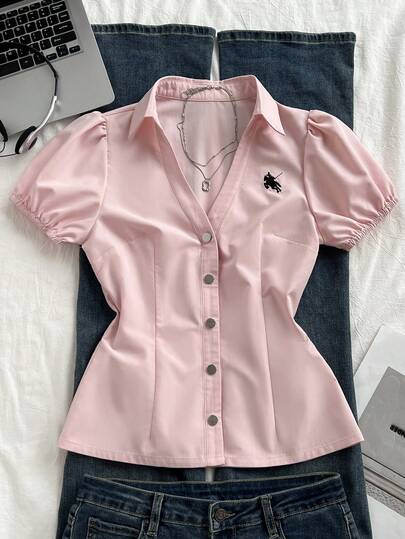 Elamini 马术骑手标志前扣夏季短袖衬衫