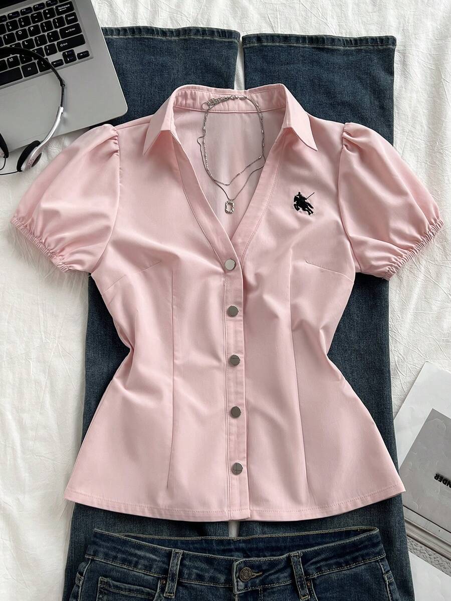 Elamini 马术骑手标志前扣夏季短袖衬衫