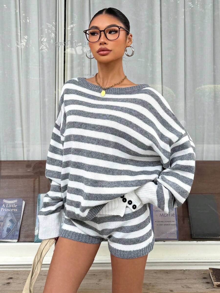 Muchica 2pcs Ombre Striped Knit Sweater And Shorts Set - Grey - View 1
