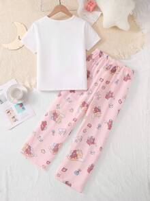 女童可爱睡熊印花短袖粉色长裤睡衣套装 - 藕粉色 - 查看 2