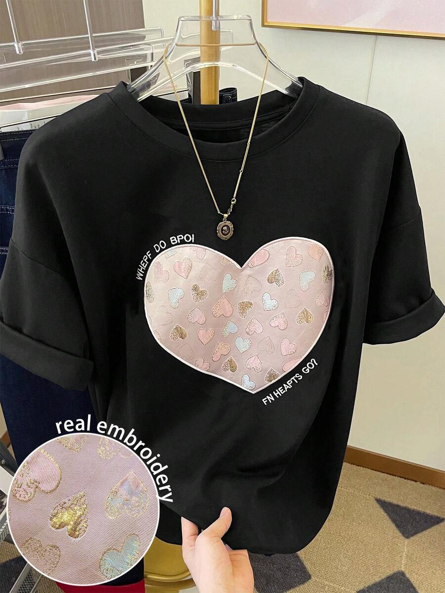 Resyla 心形刺绣设计简约女士常规短袖圆领T恤，送朋友的礼物 - 黑色 - 查看 1