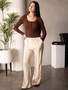 Andrea Bello Women's Casual Knit All-Match Basic Crew Neck Half Button Ribbed Knit Long Sleeve Tee Fit T-Shirt Back To School T-Shirt Teacher T-Shirt Teacher Clothes Fall Women Tops Fall Women Clothes,Brown Top Coffee Brown Top Brown Long Sleeve Top Dark Brown Top Chocolate Brown Top Winter - Coffee Brown - View 3