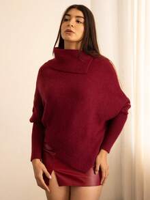 Andrea Bello 女士纯色长袖简约针织衫，休闲日常穿着，秋冬长袖上衣 - 酒紅色 - 查看 4