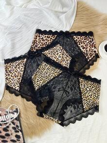 3pcs Plus Size Lace Patchwork Leopard Print Panties Set - Multicolor - View 9
