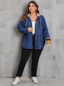 EMERY ROSE Plus Size Women Autumn Dropped Shoulder Long Sleeve Drawstring Hooded Denim Jacket With Pockets - Dark Wash - View 5
