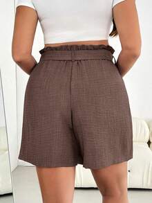 SHEIN Essnce 大码女装春夏时尚休闲宽松舒适日常清凉轻薄面料弹力腰带短裙裤，带口袋，适合度假、波西米亚风、欧洲夏季、飘逸短裤、舒适短裤、机场休闲、百慕大短裤等风格。 - 摩卡棕 - 查看 2