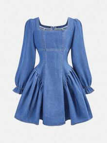 SHEIN 女童3D蝴蝶结装饰深蓝色牛仔连体衣 - 淺色水洗藍 - 查看 3