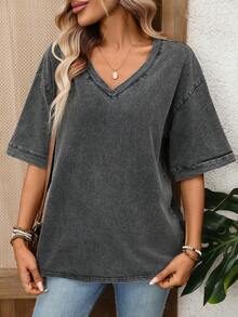 EMERY ROSE Camiseta de mujer de manga corta con cuello en V y hombros caídos, informal y lavada, top casual de verano para vacaciones - Negro - Ver 3