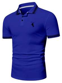 Manfinity Homme Embroidered Geometric Print Casual Versatile Short Sleeve Polo Shirt - Royal Blue - View 4