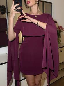 Lavishia Elegant Purple Round Neck Fitted Shawl Dress - Purple - View 4