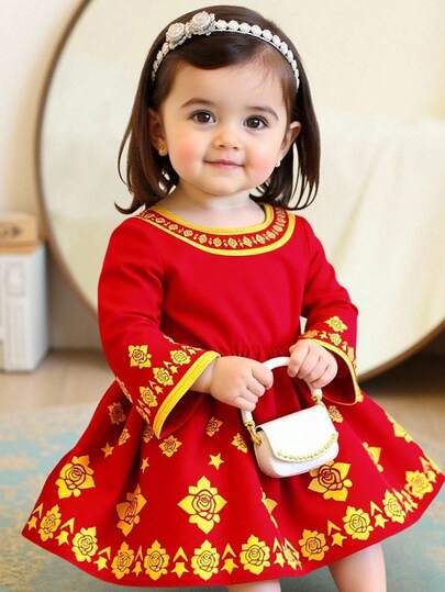 Sparklyn Baby Girls' Cute Retro Pattern Print Flare Long Sleeve Red Dress, Suitable For Festivals And Daily Activities, Photo Shoot