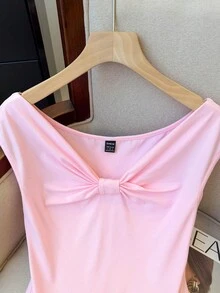 Franclia Body con hombros descubiertos, nudo delantero y fruncido para mujer - Rosa - Ver 6
