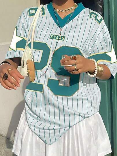 INAWLY 女士新款V领休闲运动字母图案拼接宽松短袖粉色T恤印花上衣