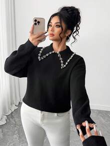 SHEIN PETITE CURVE 女士秋冬新款单件 Polo 领铆钉闪亮时尚修身常规套头长袖上衣，适合日常通勤穿着