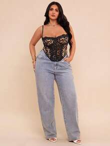 SHEIN BAE Plus Size Women Leopard Print Lace Patchwork Camisole, Going Out Tops - Black - View 4
