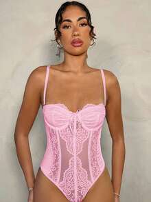 SHEIN BAE 浪漫白色蕾丝拼接可拆卸肩带紧身胸衣连体衣，适合浪漫约会、闺蜜聚会、早春郊游、派对活动 - 束身胸衣、演唱会服装、性感连体衣、春季女装、情人节服装 - 粉色 - 查看 4