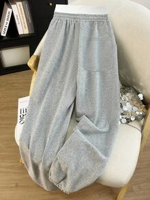 Resyla 大码女式抽绳腰带骑士印花口袋休闲慢跑裤 - 灰色 - 查看 2