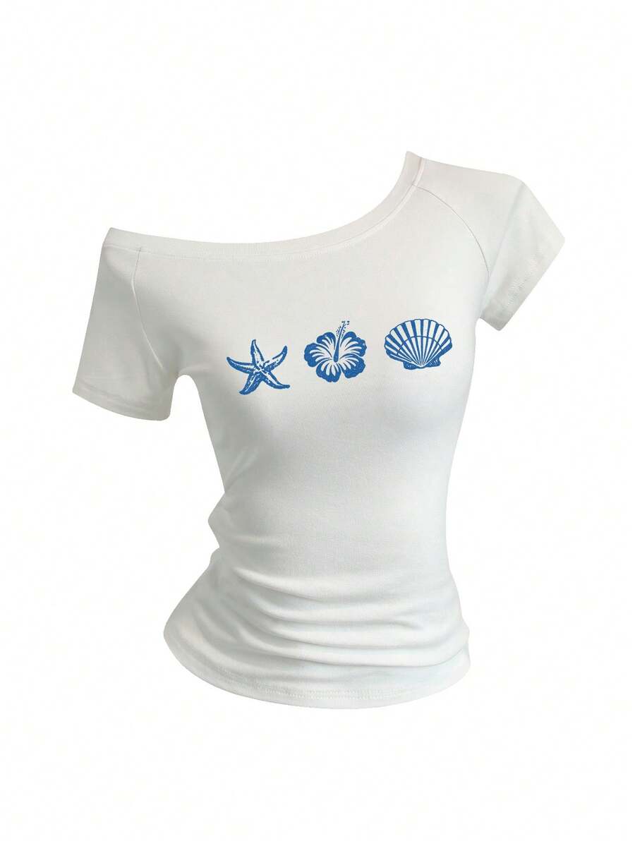 Sweetra Women's Summer Slim Fit Asymmetrical Shoulder T-Shirt, Ocean Life Hibiscus Starfish Shell Beach Basic One-Shoulder Top - White - View 1