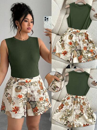 Franclia Plus Size Women Sleeveless Top And Printed Shorts Set, Elegant Vacation Casual Outfit, 2 Piece Set