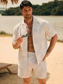 Manfinity 男士夏季度假热带印花短袖衬衫和短裤沙滩套装 - 米色 - 查看 4