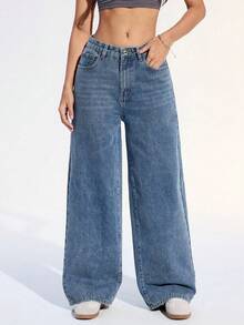 SHEIN ICON Celana Jeans Denim Kasual Longgar dengan Desain Saku Warna Polos - Biru - View 6