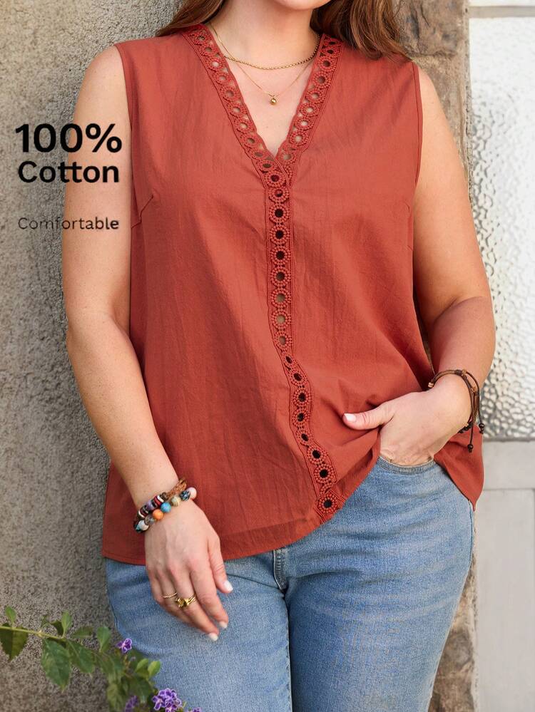 Plus Size Solid Color V-Neck Lace Patchwork Sleeveless Casual Shirt For Summer/ Vacation Sleeveless Ruffle Trim Top Rust Brown Top Cotton Relaxed Fit Top V Neck Embroidered Top Casual Summer Top, Summer Tops