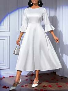 SHEIN Lady Đầm midi tay chuông thanh lịch dành cho nữ dự tiệc - Pearl White - Xem 3