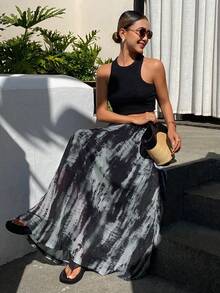 Livesso Chân váy nữ đen trắng phong cách tranh thủy mặc thường ngày, thích hợp cho mùa thu/đông. - Đen và trắng - Xem 4