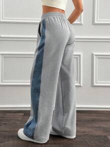 Cloudara Women Denim Patchwork Detailed Wide Leg Sweatpants - Grey - View 2