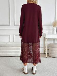 SHEIN LUNE 女士休闲蕾丝拼接长袖中长连衣裙 - 酒紅色 - 查看 11