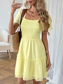 SHEIN LUNE 休闲女式奶油黄腰连衣裙 - 黃色 - 查看 7