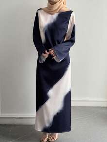 DAZY Navy And White Tie-Dye Elegant Long Dress,Modest Slim Fit Sundress For Autumn,Tea Party,Wedding,Formal Occasion,Fashion Spring & Summer - Navy Blue - View 3