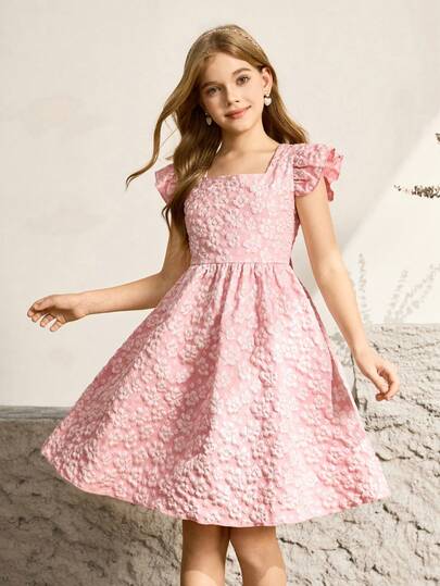 Đầm xòe ngắn tay phồng cổ tròn thắt nơ họa tiết hoa jacquard cho bé gái, thanh lịch, thích hợp cho tiệc tùng và các dịp đặc biệt.