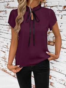 SHEIN Clasi 修身女士撞色系带短袖衬衫 夏季教师乡村风 - 紫紅色 - 查看 3