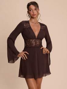 SHEIN BAE 棕色V领蕾丝拼接性感迷你连衣裙，纯色休闲连衣裙，度假连衣裙，毕业/返校连衣裙，伴娘礼服，情人节连衣裙 - 棕色 - 查看 5
