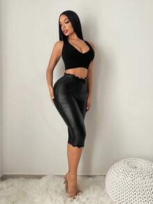 SHEIN SXY Lace Trim Faux Leather Skinny Capri Pants, Black Leather Pants, Black Pants, Cute Bottoms For Women, Black Pants Women - Black - View 5