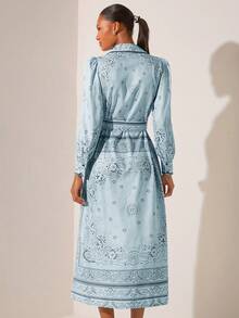 Lilora 女士度假风腰果印花泡泡长袖单排扣优雅衬衫裙 - 彩色 - 查看 4